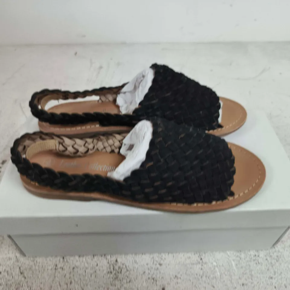 BOXED PAIR OF WOMEN'S WOVEN-STRAP SANDALS – BLACK & BEIGE- UK SIZE 3