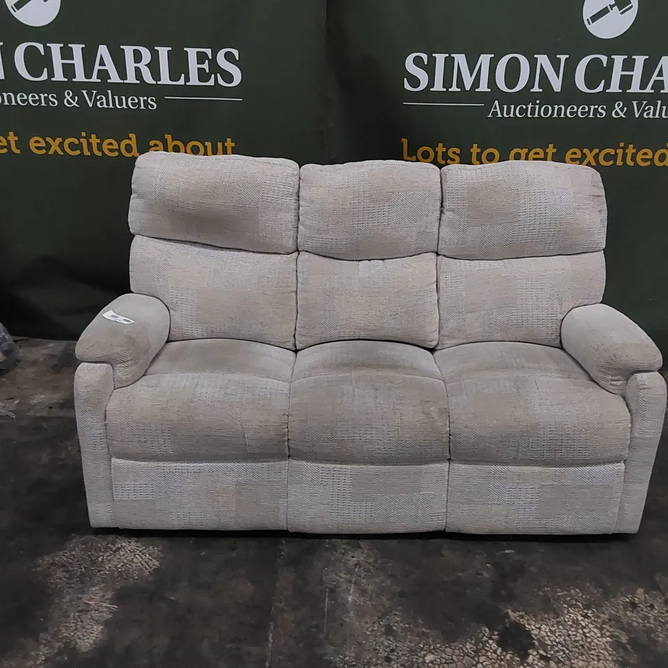 DESIGNER 3 SEATER SOFA UPHOLSTERED IN BEIGE FABRIC