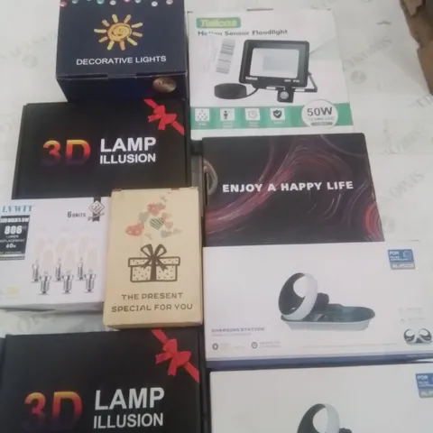 BOX CONTAINING LARGE AMOUNT OF BOXED ELECTRICAL ITEMS TO INCLUDE: 3D ILLUSION LAMPS, FLOODLIGHTS, LIGHT BULBS, PHONE CHARGER STATIONS ETC.