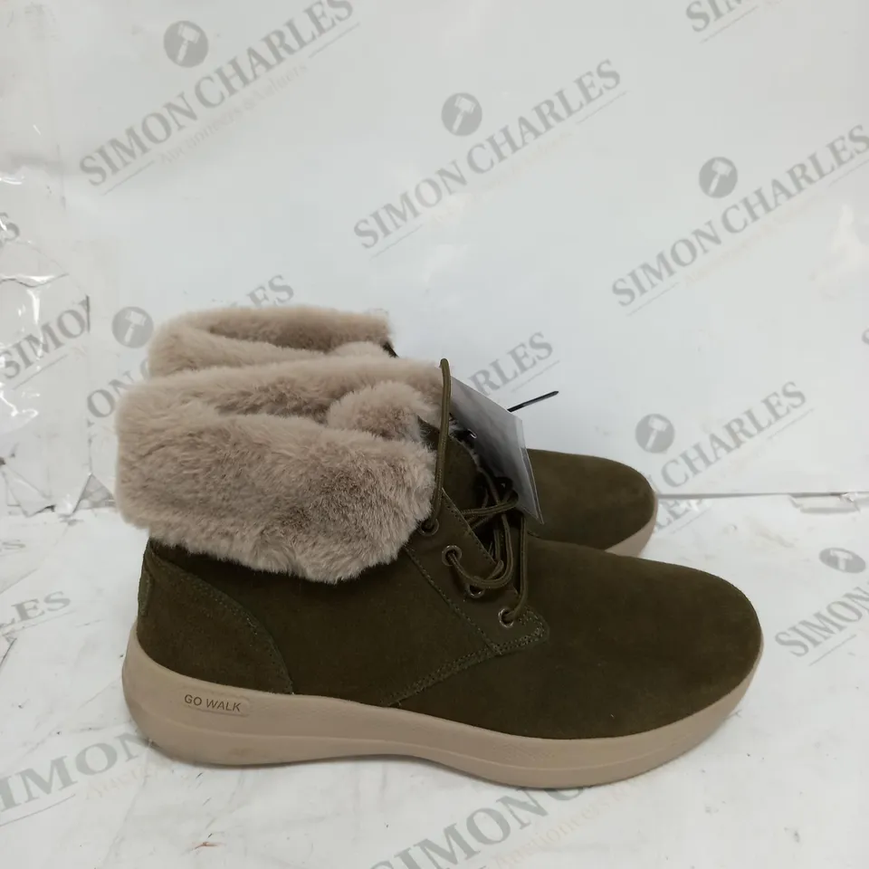 BOXED SKECHERS GO WALK STABILITY SUEDE BOOTS, OLIVE - SIZE 6