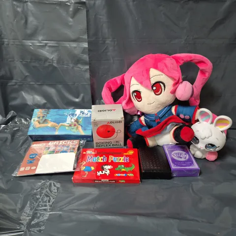 APPROXIMATELY 15 ASSORTED TOYS & GAMES TO INCLUDE PLAYING CARDS, BOXING REFLEX BALL, ANIME PLUS, ETC