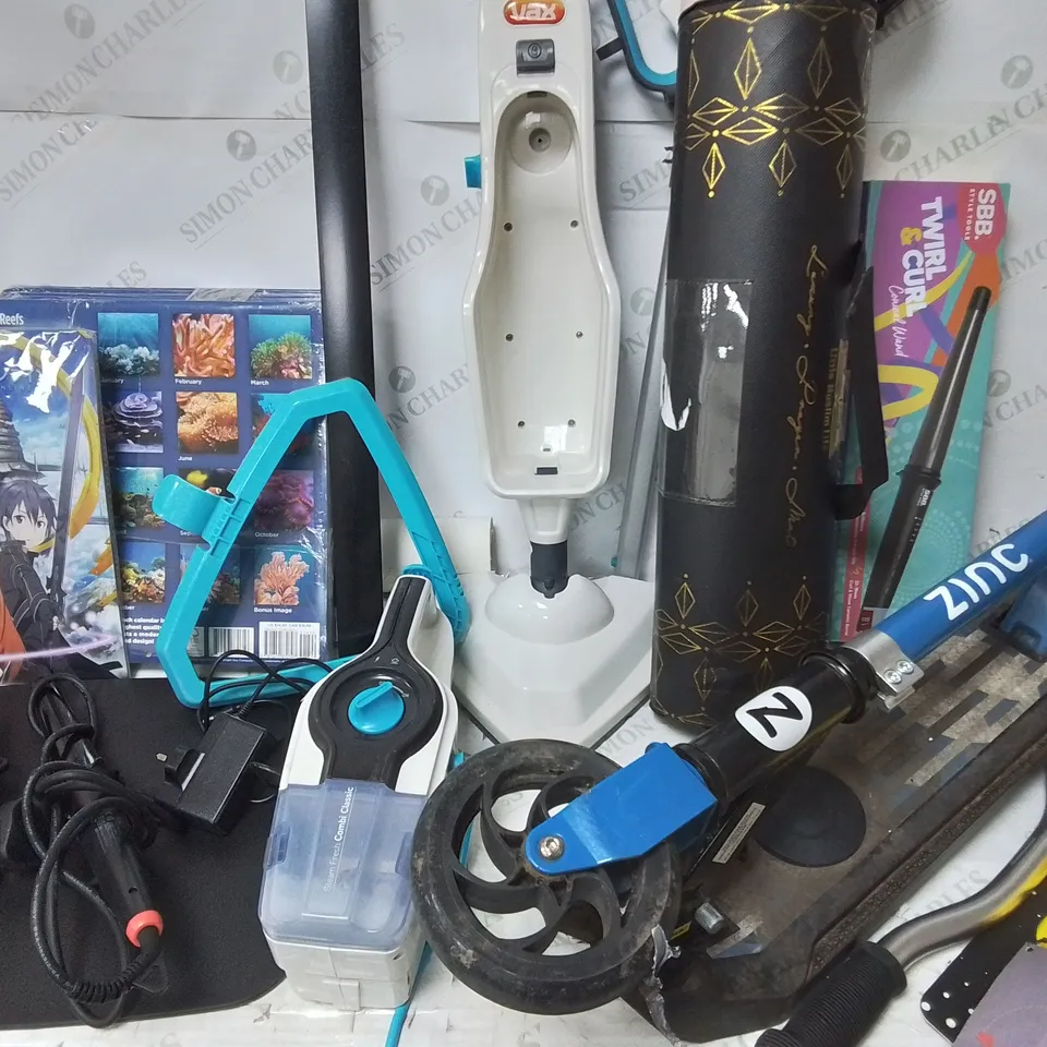 LOT OF ASSORTED HOUSEHOLD ITEMS TO INCLUDE ZINC ELECTRIC SCOOTER, VAX STEAM CLEANER, SBB HAIR STRAIGHTENERS AND KNEE PROTECTORS