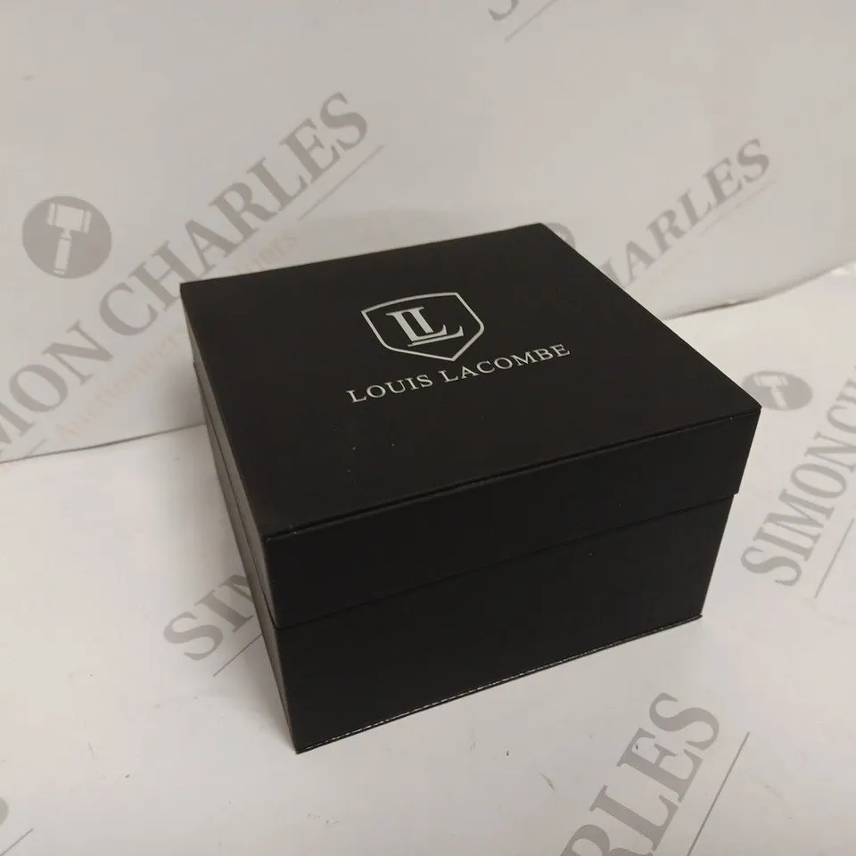 LOUIS LACOMBE MENS CHRONOGRAPH WATCH - BLACK STAINLESS STEEL CASE - LEATHER STRAP - 3ATM WATER RESISTANT - DISPLAY BOX