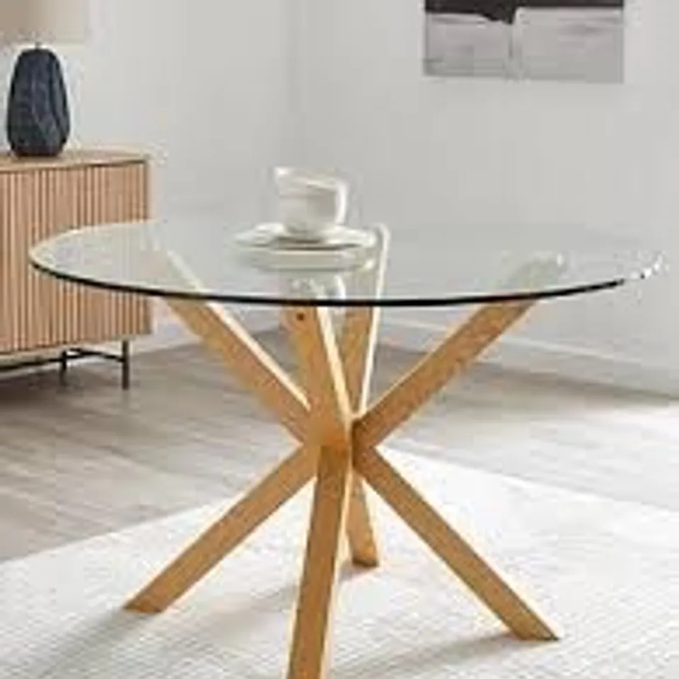 BOXED RIGBY 120cm WOOD AND GLASS TOP DINING TABLE (2 BOXES) RRP £259