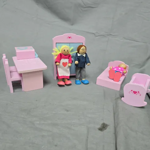 PINK DOLLHOUSE FURNITURE SET WITH THREE DOLLS
