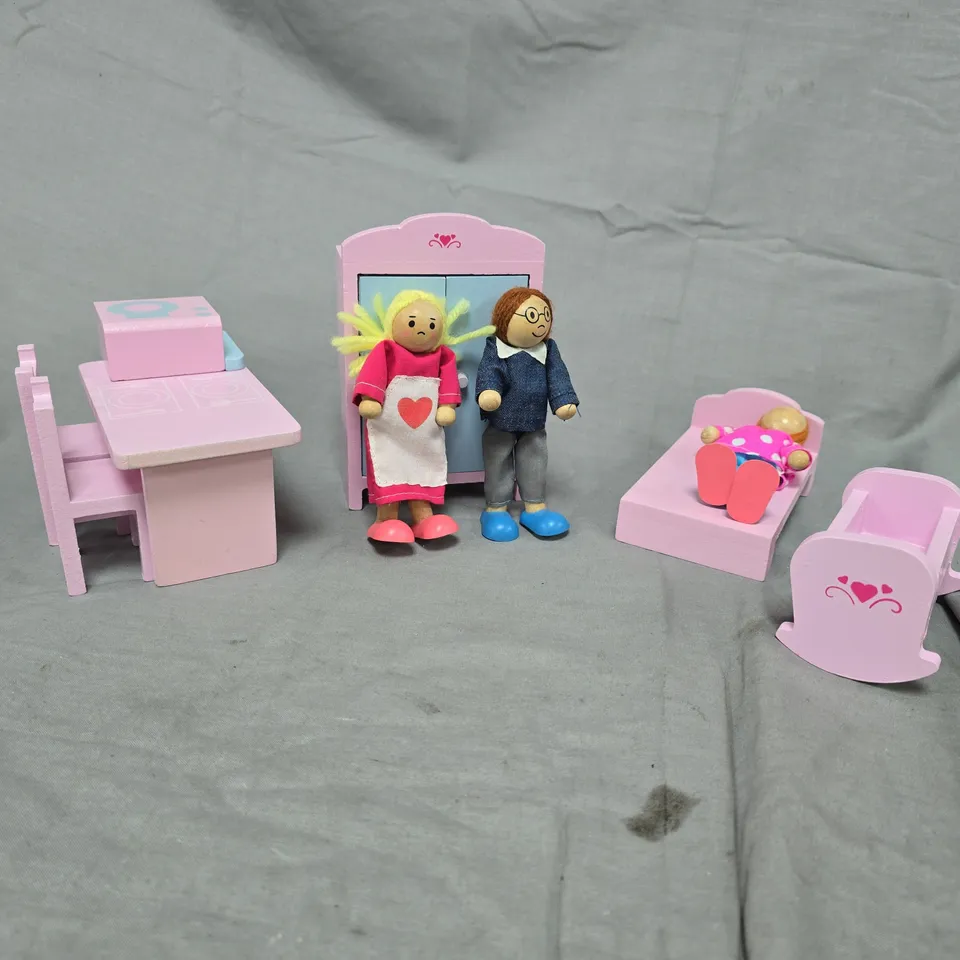 PINK DOLLHOUSE FURNITURE SET WITH THREE DOLLS
