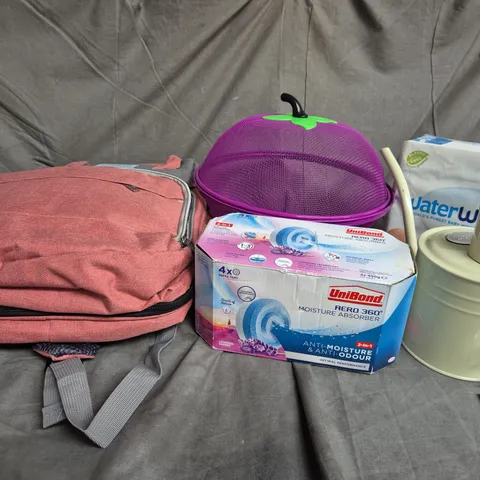 BOX OF APPROXIMATELY 15 ASSORTED HOUSEHOLD ITEMS TO INCLUDE - BACKPACK - UNIBOND MOISTURE ABSORBER - WATERING CAN - ETC