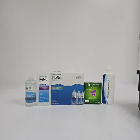 TOTE OF APPROXIMATELY 10 ASSORTED ITEMS INCLUDING NICORETTE 15MG INHALER, EVERCLEAR REFRESH 250ML AND BAUSCHH + LOMB RENU MULTIPLUS 3-PACK