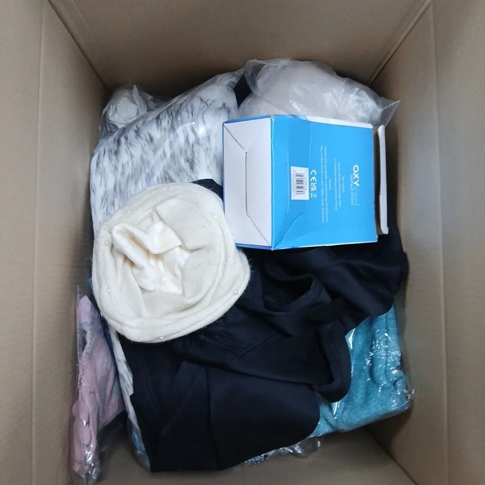 LARGE QUANTITY OF ASSORTED ITEMS TO INCLUDE CLIP ON FAN, PURSE, ASSORTMENT OF CLOTHES IN VARIOUS SIZES, ETC - COLLECTION ONLY