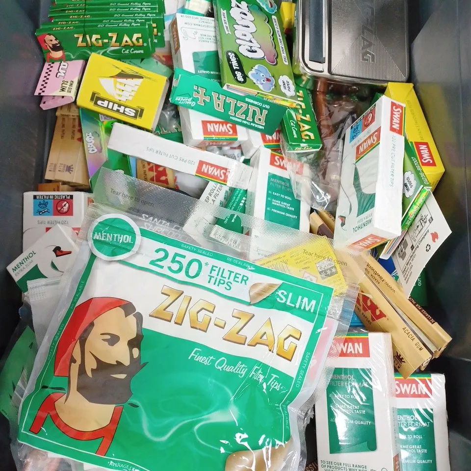 BOX OF APPROXIMATELY 100 PACKS OF CIGARETTE SUPPLIES TO INCLUDE ROLLING PAPER, FILTER TIPS, ETC