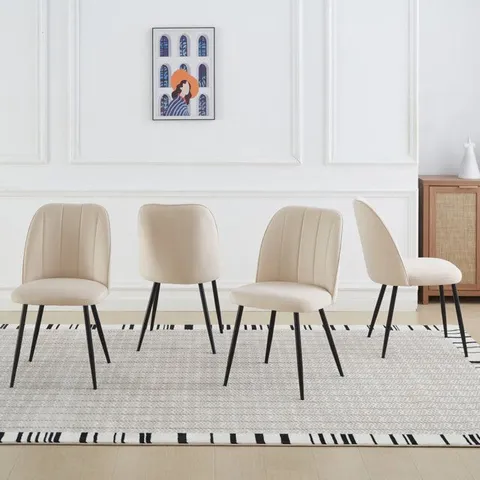BOXED SET OF 4 BAREZ VELVET/SUEDE UPHOLSTERED ARMLESS DINING CHAIR WITH ADJUSTABLE FEET - CREAM WHITE 