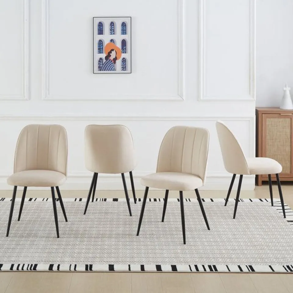 BOXED SET OF 4 BAREZ VELVET/SUEDE UPHOLSTERED ARMLESS DINING CHAIR WITH ADJUSTABLE FEET - CREAM WHITE 
