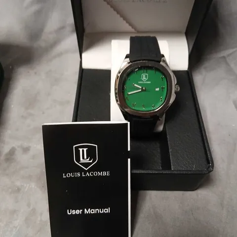 LOUIS LACOMBE WRISTWATCH WITH GREEN DIAL, BLACK RUBBER STRAP – BOXED