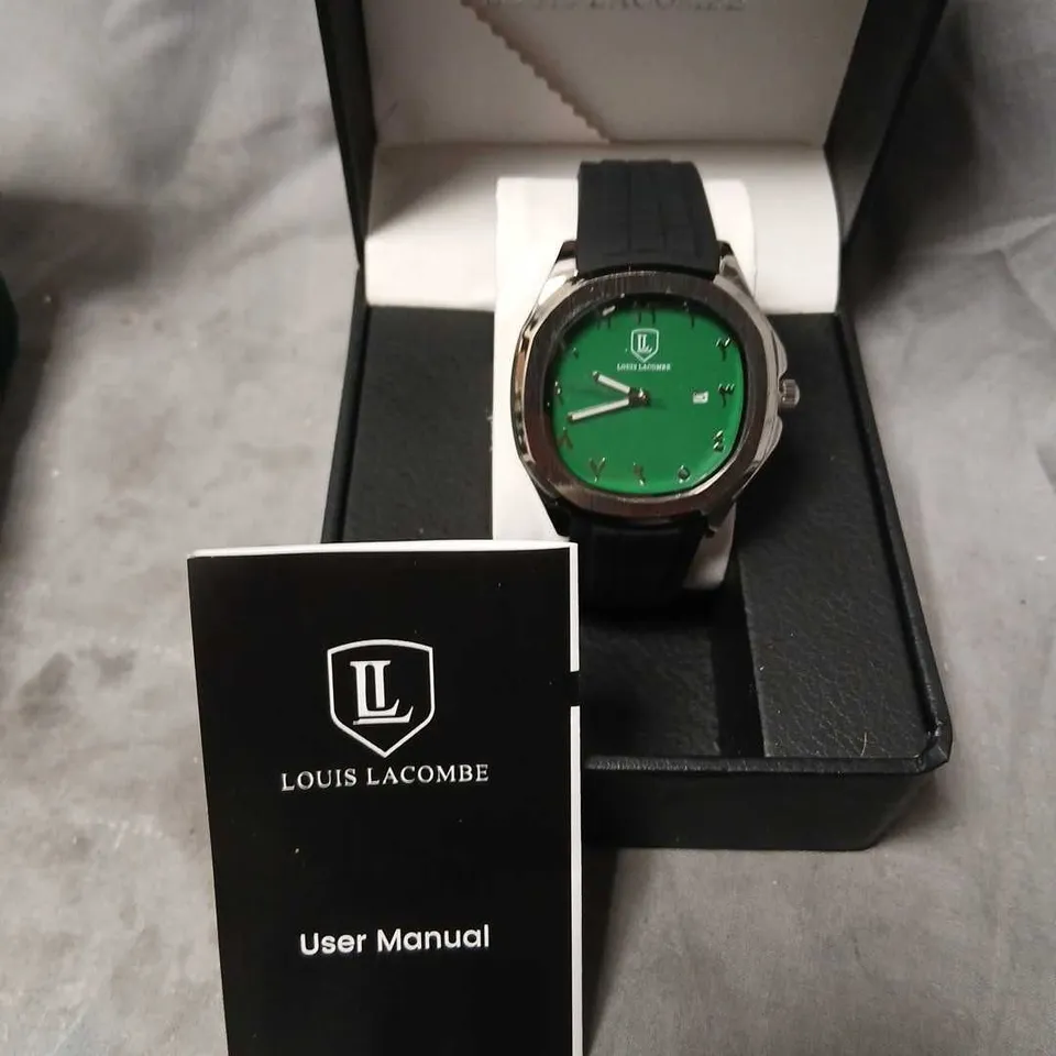 LOUIS LACOMBE WRISTWATCH WITH GREEN DIAL, BLACK RUBBER STRAP – BOXED