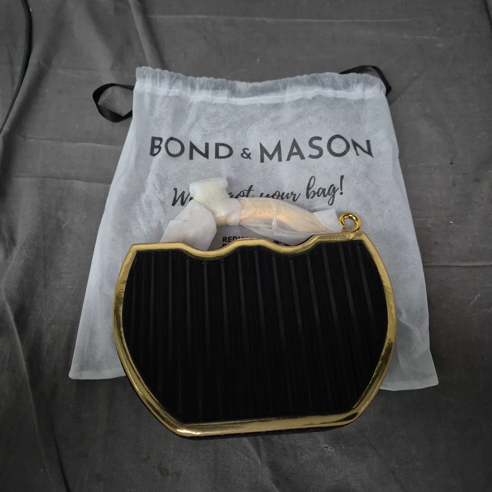 BOND & MASON HEART-SHAPED CLUTCH BAG - BLACK PLEATED FRONT WITH GOLD-TONE FRAME