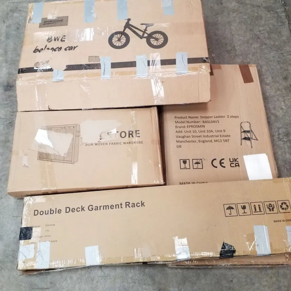 PALLET OF ASSORTED PRODUCTS INCLUDING STEPPER LADDER, BALANCE BIKE, NON-WOVEN FABRIC WARDROBE, DOUBLE DECK GARMENT RACK