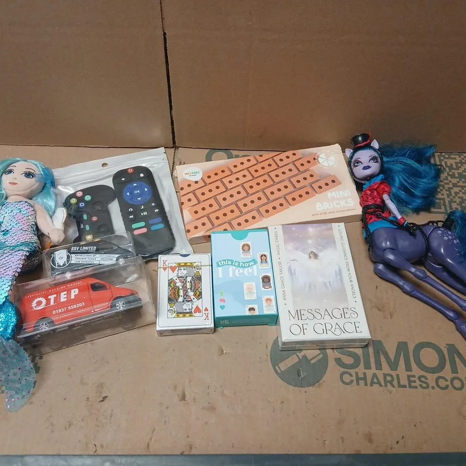 LARGE QUANTITY OF ASSORTED TOYS AND ACCESSORIES TO INCLUDE; THIS IS HOW I FEEL CARDS, MESSAGES OF GRACE CARDS, PLAYING CARDS