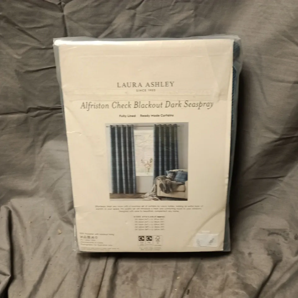 LAURA ASHLEY ALFRISTON CHECK BLACKOUT EYELET CURTAINS – PAIR, DARK SEASPRAY 64IN X 54IN