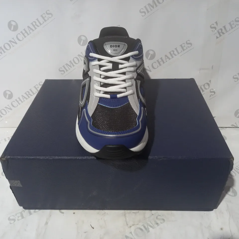 BOXED PAIR OF DIOR B30 MICROFIBRE MESH SHOES IN BLUE EU SIZE 46