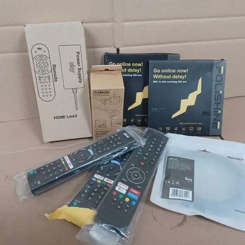 APPROXIMATELY 8 ASSORTED ITEMS TO INCLUDE FOLISHINE HIGH SPEED NETWORK CABLE. FLEXON POWER CABLE, SKY REMOTE AND POWER SUPPLY