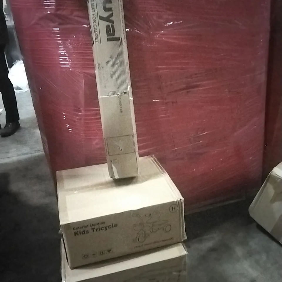 PALLET OF ASSORTED PRODUCTS AND HOUSEHOLD GOODS TO INCLUDE;AIR FRYER,KIDS TRICYCLE, CHAIR MATT