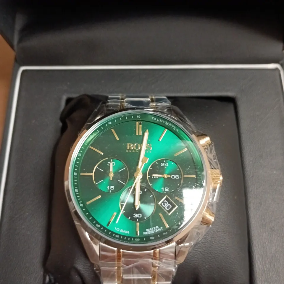 BOXED HUGO BOSS MEN'S CHRONOGRAPH WATCH – GREEN DIAL, TWO-TONE STAINLESS STEEL BRACELET