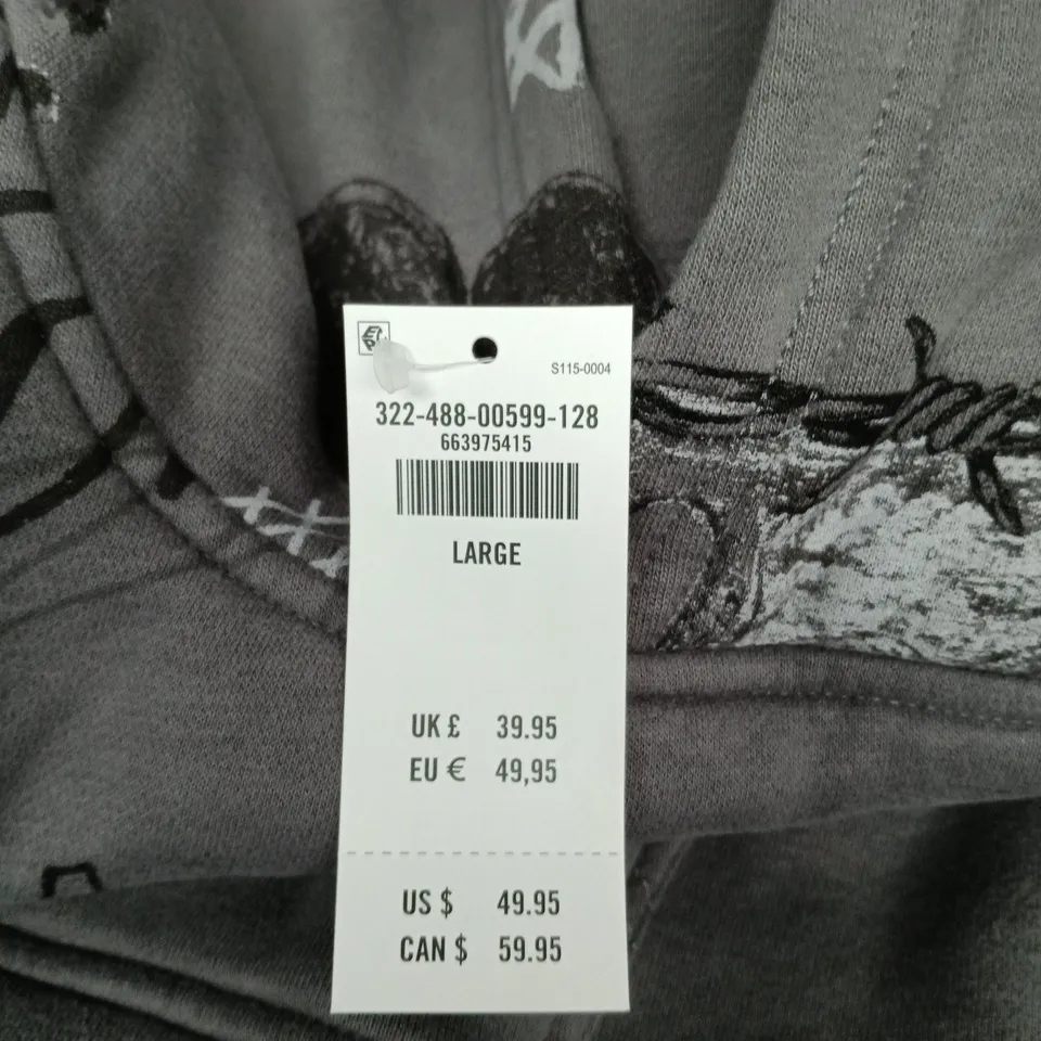 HOLLISTER HOODIE – GREY WITH ALL-OVER GRAPHIC PRINT, SIZE LARGE