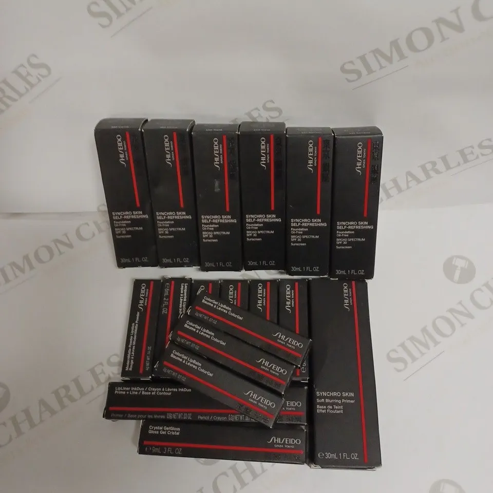 LOT OF APPROX. 18 ASSORTED SHISEIDO BEAUTY PRODUCTS TO INCLUDE SUNSCREEN FOUNDATION, PRIMER, LIPSTICK, LIP BALM, LIP LINER ETC.  
