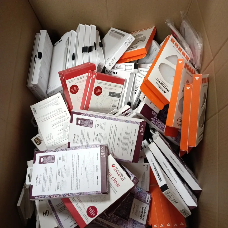 APPROXIMATELY 200 X ASSORTED PHONE CASES/PROTECTORS OF VARIOUS STYLES AND BRANDS TO INCLUDE TECH 21 LIBERTY, TECH 21 EVO CHECK, INVISIBLE SHIELD ULTRA CLEAR ETC