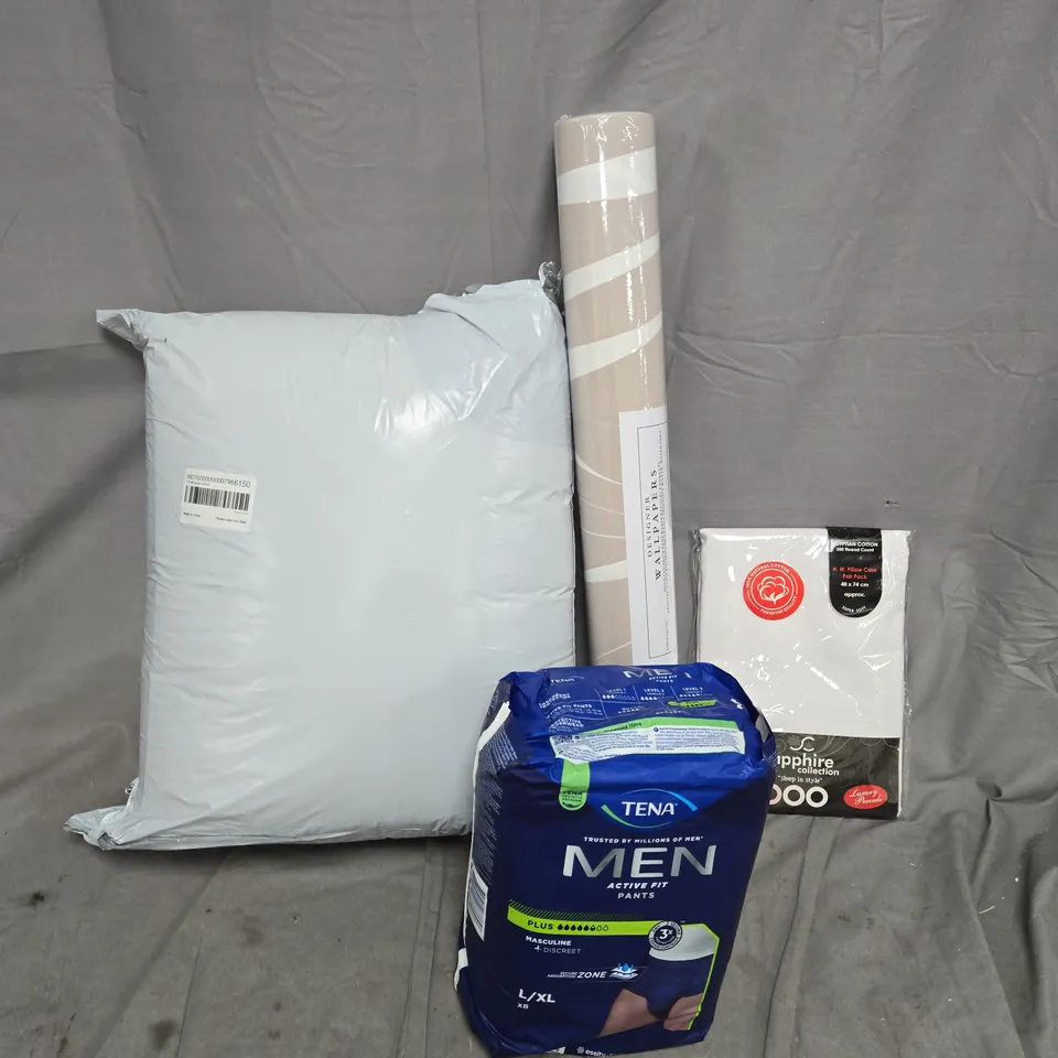 APPROXIMATELY 12 ASSORTED HOUSEHOLD PRODUCTS TO INCLUDE PILLOW CASE PAIR,, WALLPAPER, TENA ACTIVE FIT PANTS, ETC - COLLECTION ONLY