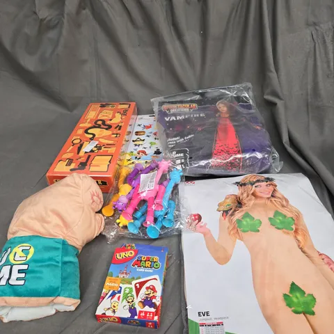 BOX OF ASSORTED TOYS AND GAMES TO INCLUDE FANCY DRESS, CARD GAMES AND STICKERS