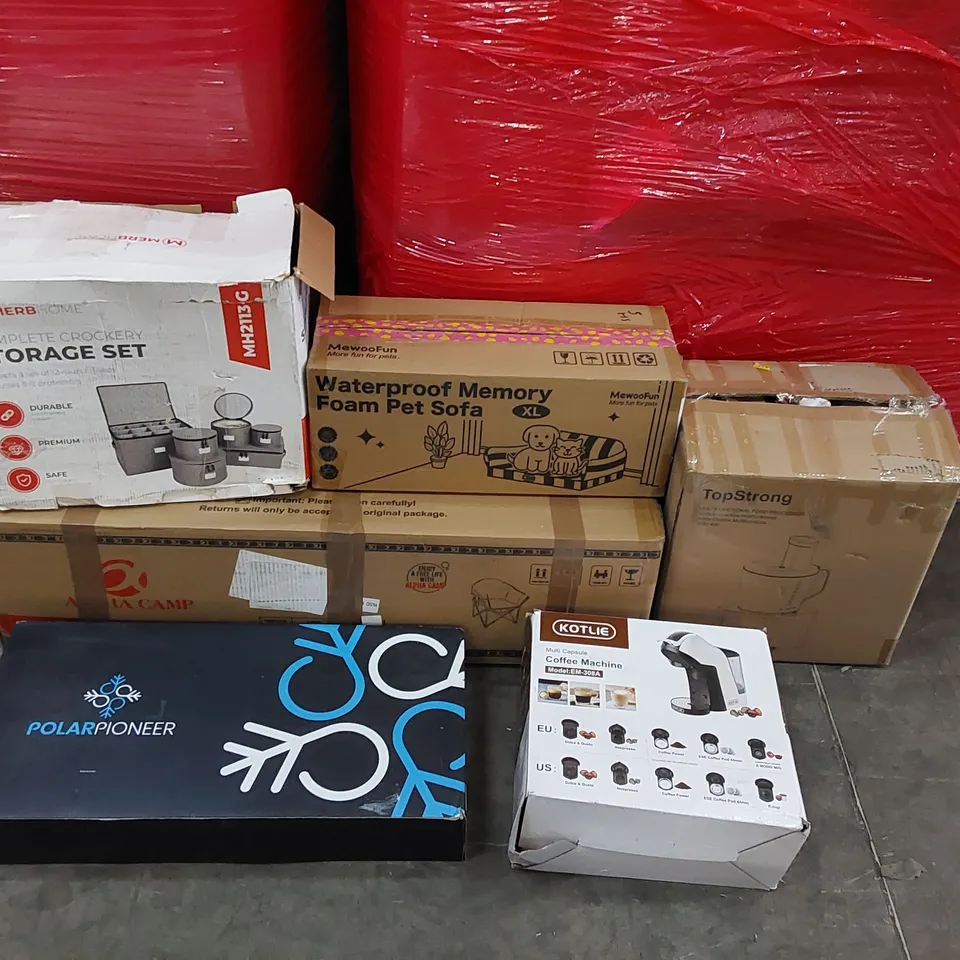 PALLET OF ASSORTED CONSUMER GOODS AND FURNITURE PRODUCTS TO INCLUDE; MULTIFUNCTIONAL FOOD PROCESSOR, ALPHA CAMP CAMPING CHAIR,COFFEE MACHINE, PORTABLE ICE BATH, CROCKERY STORAGE SET, PET BED ECT.