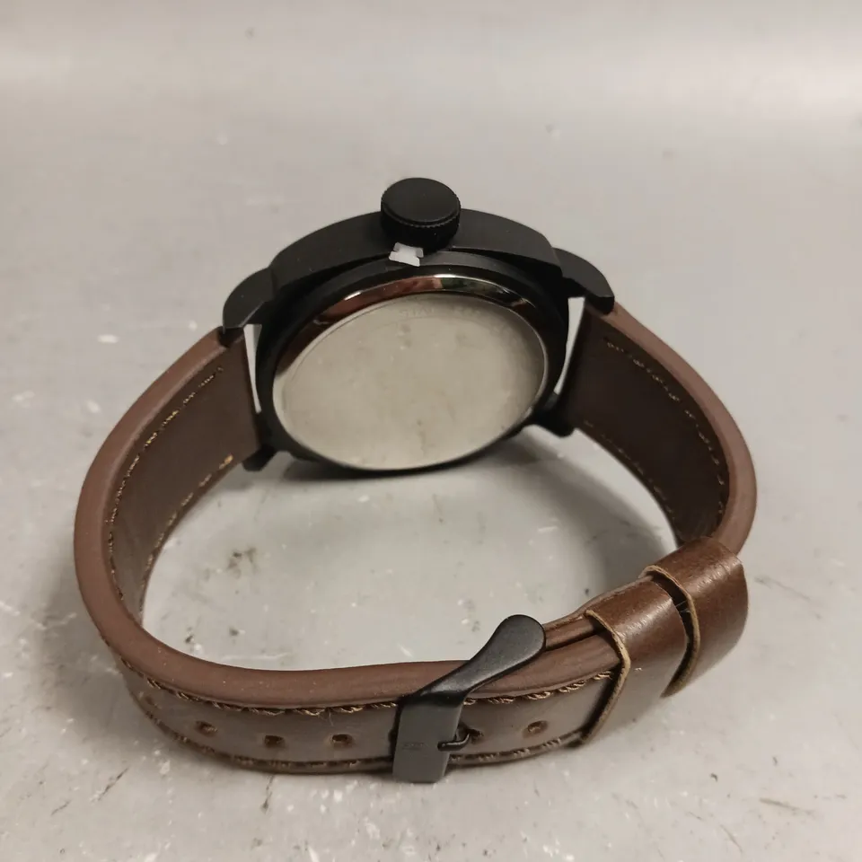 MENS FRANK SCHMIDT WATCH – LARGE BLACK CASE – BLACK PILOT DIAL – BROWN LEATHER STRAP – 3ATM WATER RESISTANT