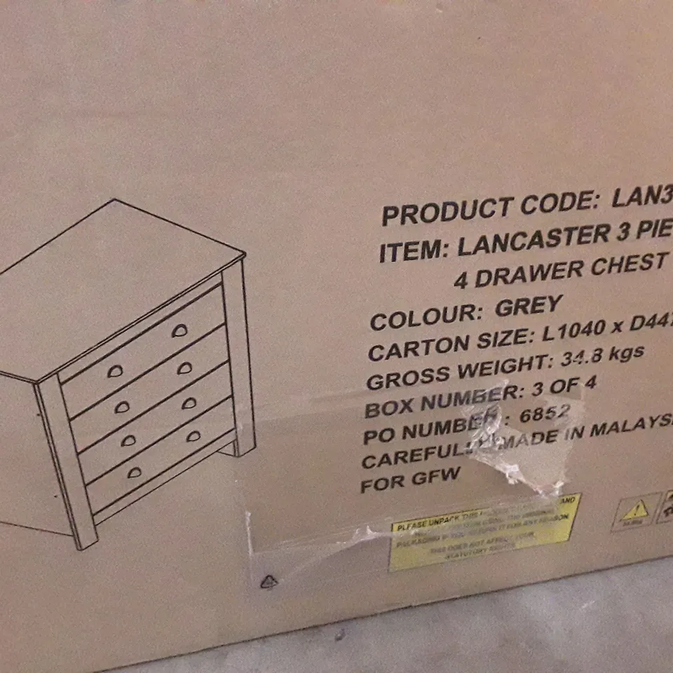 BOXED GRADE 1 LANCASTER 4-DRAWER CHEST IN GREY - 1 BOX PART OF SET