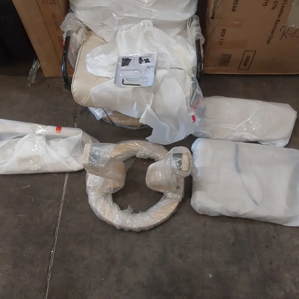 DESIGNER FAUX LEATHER CHAIR WITH FOOT REST IN CREAM // ASSEMBLY REQUIRED 
