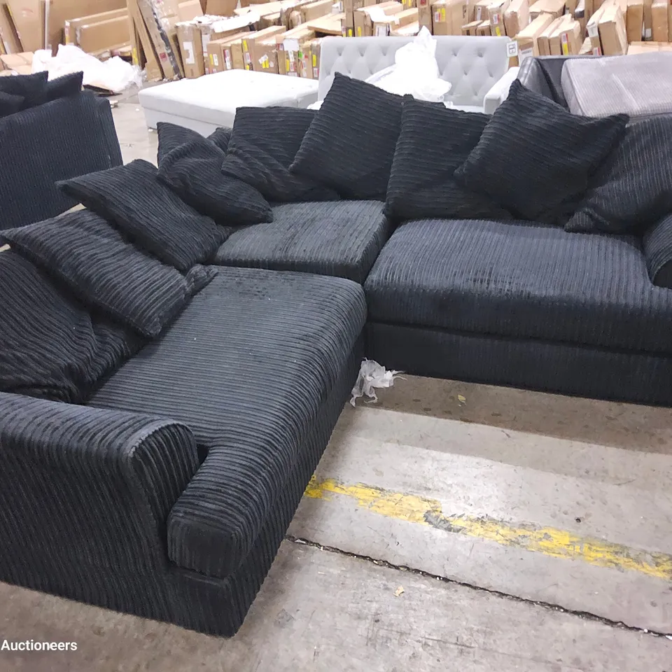 DESIGNER CORNER SOFA WITH SCATTER CUSHIONS BLACK JUMBO CHORD