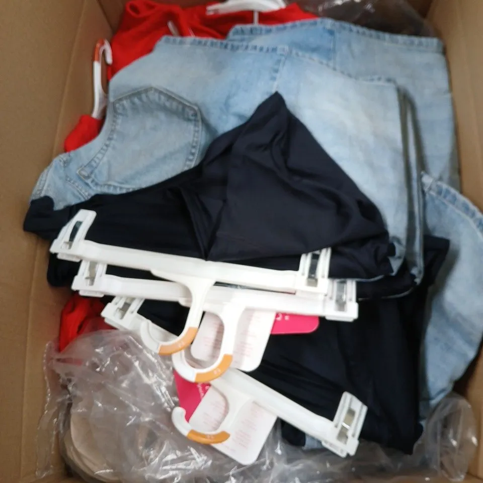 BOX OF APPROXIMATELY 50 ASSORTED CLOTHING ITEMS IN VARIOUS STYLES , COLOURS AND SIZES