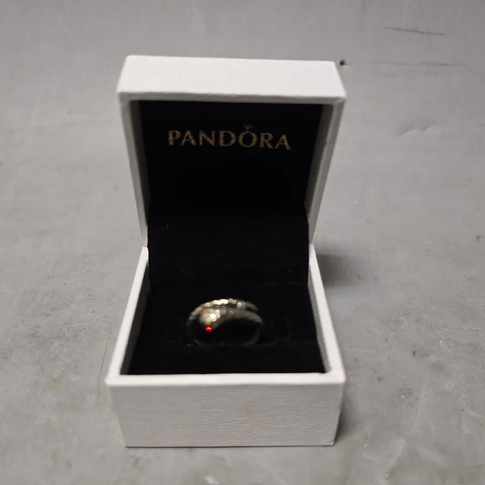 BOXED PANDORA SANKE WITH RED EYES RING - SIZE UNSPECIFIED 
