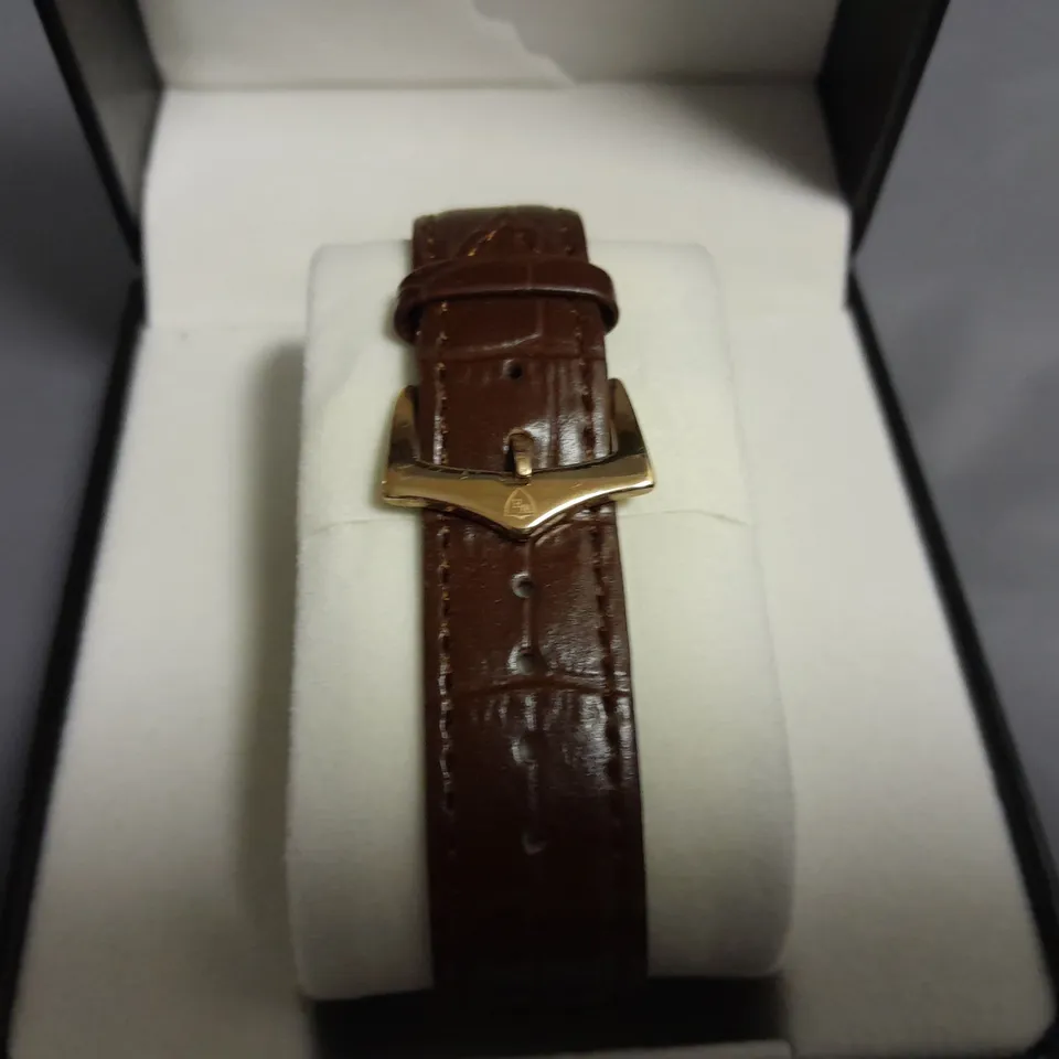 WILLIAM HUNT SKELETON DIAL GENTS ALL STAINLESS STEEL WATCH WITH BROWN LEATHER STRAP