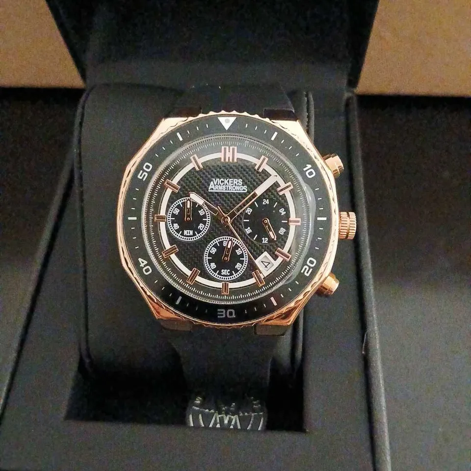 VICKERS ARMSTRONGS CHRONOGRAPH WATCH – ROSE GOLD TONE CASE, BLACK DIAL 