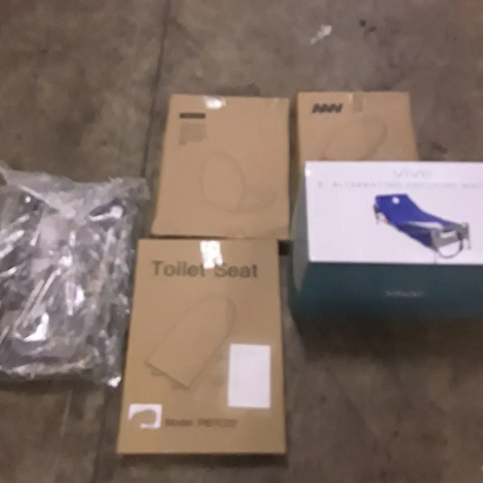 PALLET OF ASSORTED PRODUCTS TO INCLUDE; VIVE 8 ALTERNATING PRESSURE MATTRESS - TOILET SEAT - BACK WITH 2 WHEELS ECT