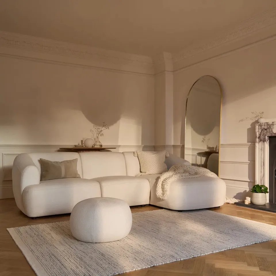 BOXED CHAISE CORNER SOFA & ROUND FOOTSTOOL SET - CHALK WHITE BOUCLE