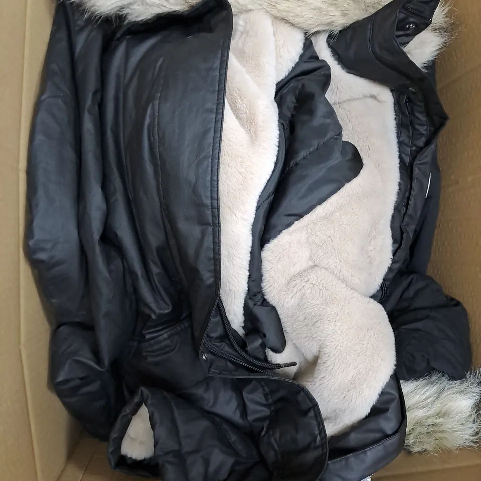 BOX OF ASSORTED CLOTHING ITEMS TOO INCLUDE JUMPERS, SHIRTS AND TROUSERS IN VARIOUS SIZES AND COLOURS   