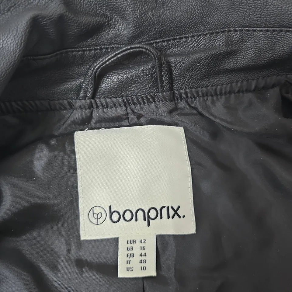 BONPRIX BLACK FAUX LEATHER BIKER JACKET – UK SIZE 16