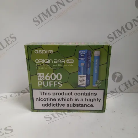 SEALED ASPIRE ORIGIN BAR 600 10 PACK OF DISPOSABLE VAPES - MIXED FLAVOURS
