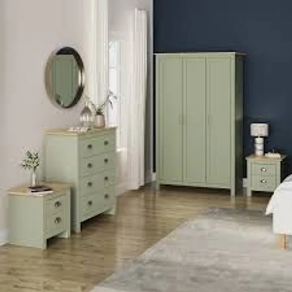 BOXED GFW LANCASTER SAGE GREEN 4 PIECE BEDROOM FURNITURE SET (4 BOXES)