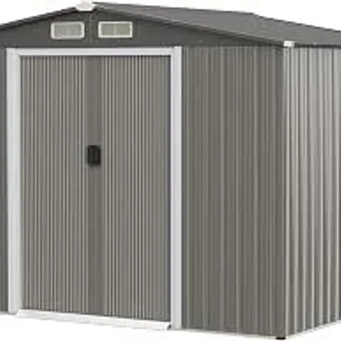 BOXED COSTWAY HEAVY DUTY OUTDOOR STORAGE GARDEN SHED 260X207X180CM, TOOL ORGANIZER WITH FOUNDATIONS, GALVANIZED STEEL GARDEN TOOL SHED (DARK GREY) - (3 BOXES)