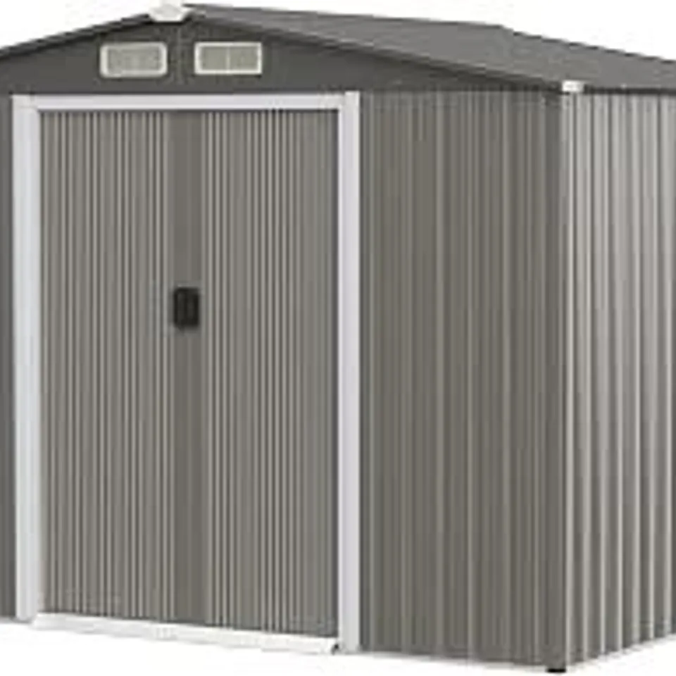 BOXED COSTWAY HEAVY DUTY OUTDOOR STORAGE GARDEN SHED 260X207X180CM, TOOL ORGANIZER WITH FOUNDATIONS, GALVANIZED STEEL GARDEN TOOL SHED (DARK GREY) - (3 BOXES)