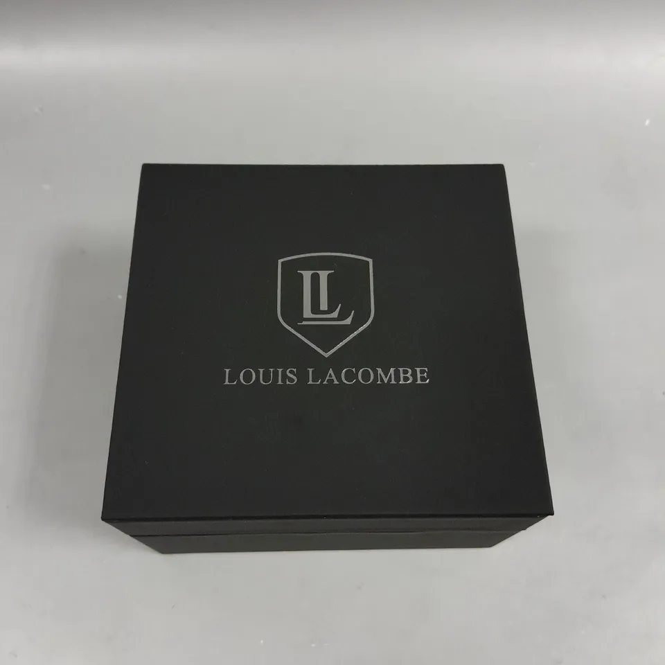 LOUIS LACOMBE CHRONOGRAPH WATCH WITH STAINLESS STEEL CASE AND BLACK LEATHER STRAP IN GIFT BOX