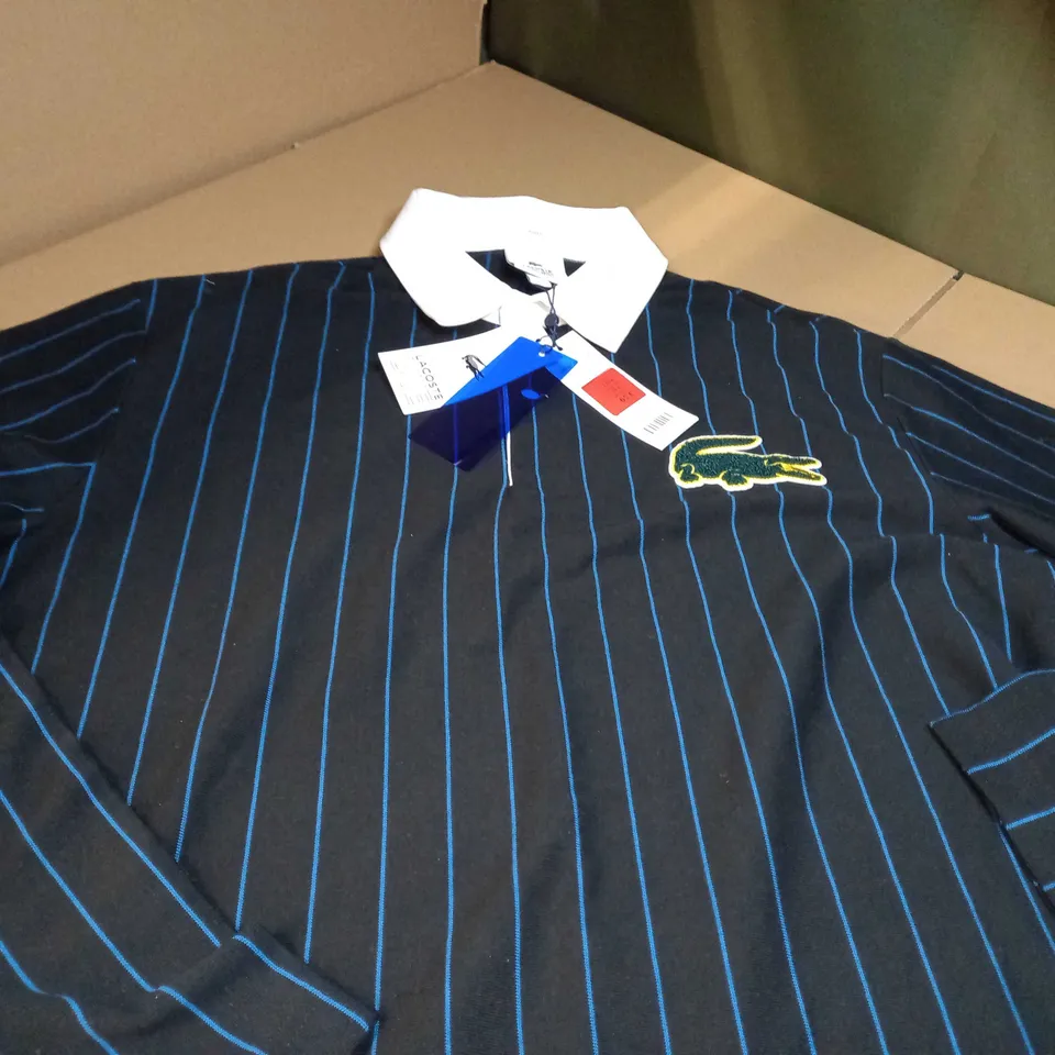 LACOSTE BLACK/BLUE STRIPED LOGO LONG SLEEVED TOP - MEDIUM
